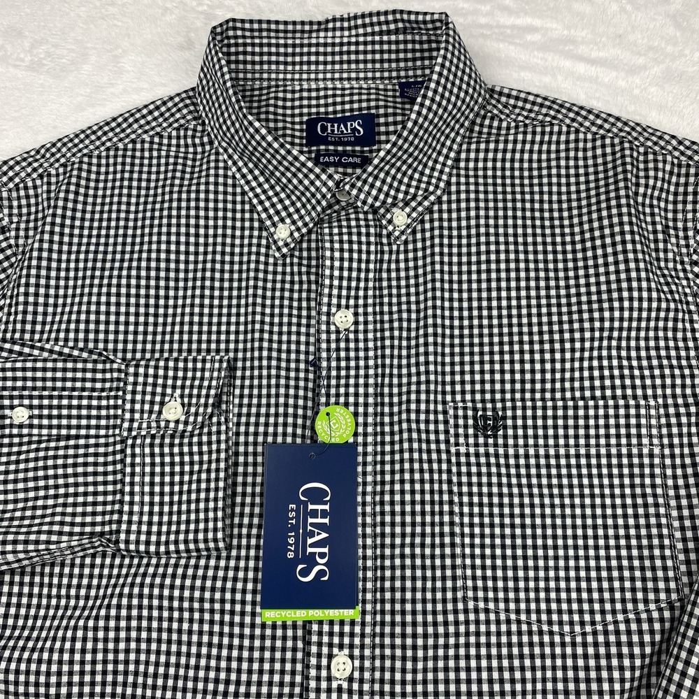 CHAPS Mens Dress Shirt Large Black White Checks Easy Care Long Sleeve NWT‎